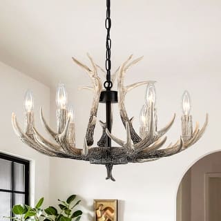 6-light farmhouse adjustable height pendant light with decorative resin antlers