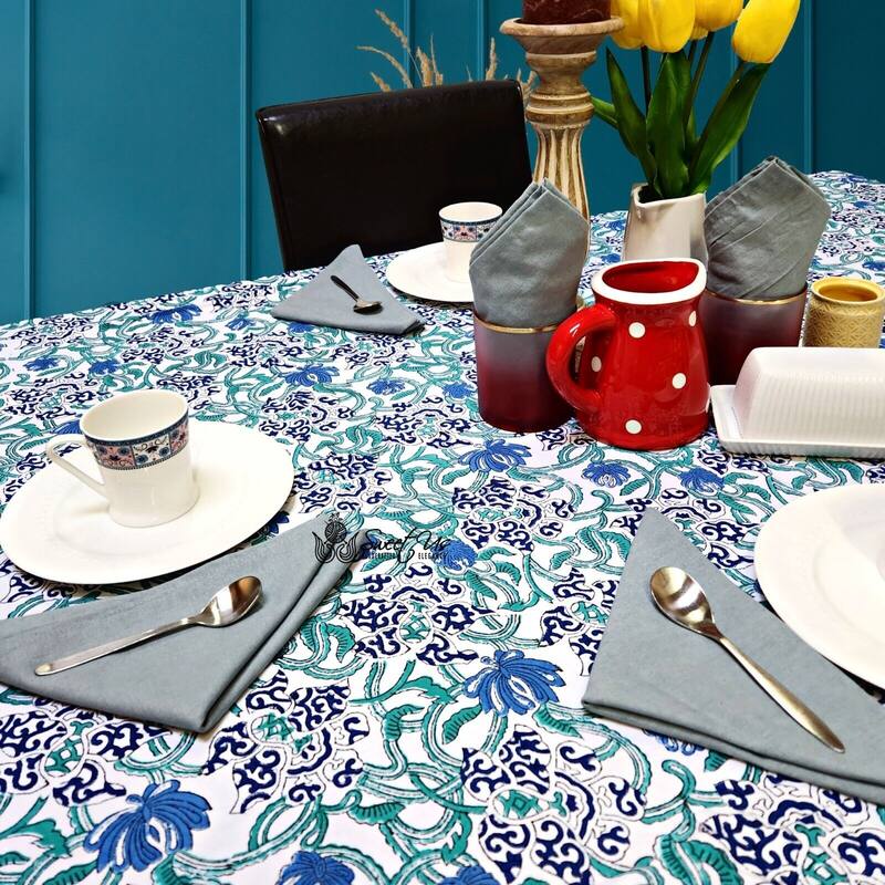 Block Print Cotton Verdant Floral Paisley Tablecloth Collection