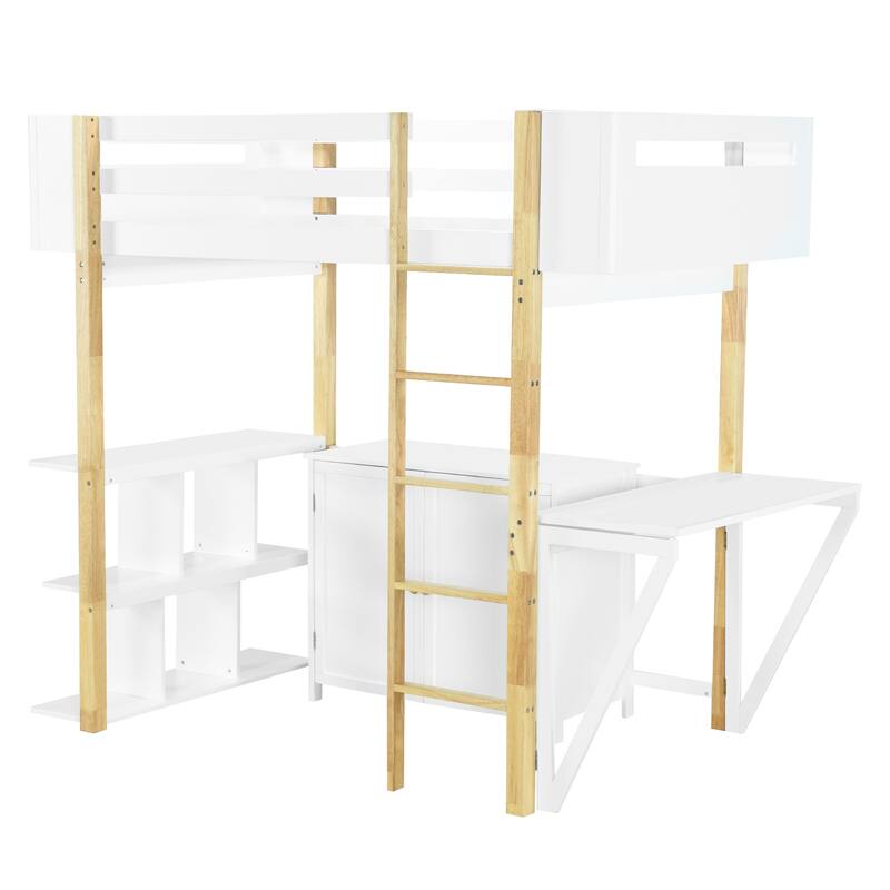 Space-Saving Twin Size Wooden Loft Platform Bed Frame with Storage Cabinet and Foldable Desk, Modern and Stylish for Bedroom