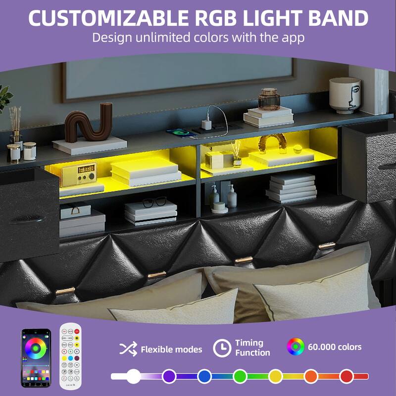 Black Farmhouse Bed Frame Upholstered Headboard Platform Bed with Charging Station