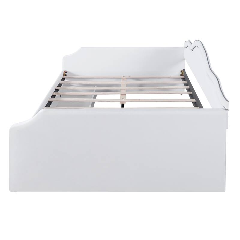 Upholstered Daybed with 2 Drawers, Wave Backrest Frame with Ambient Lighting, No Box Spring Needed Storage Sofa Bed