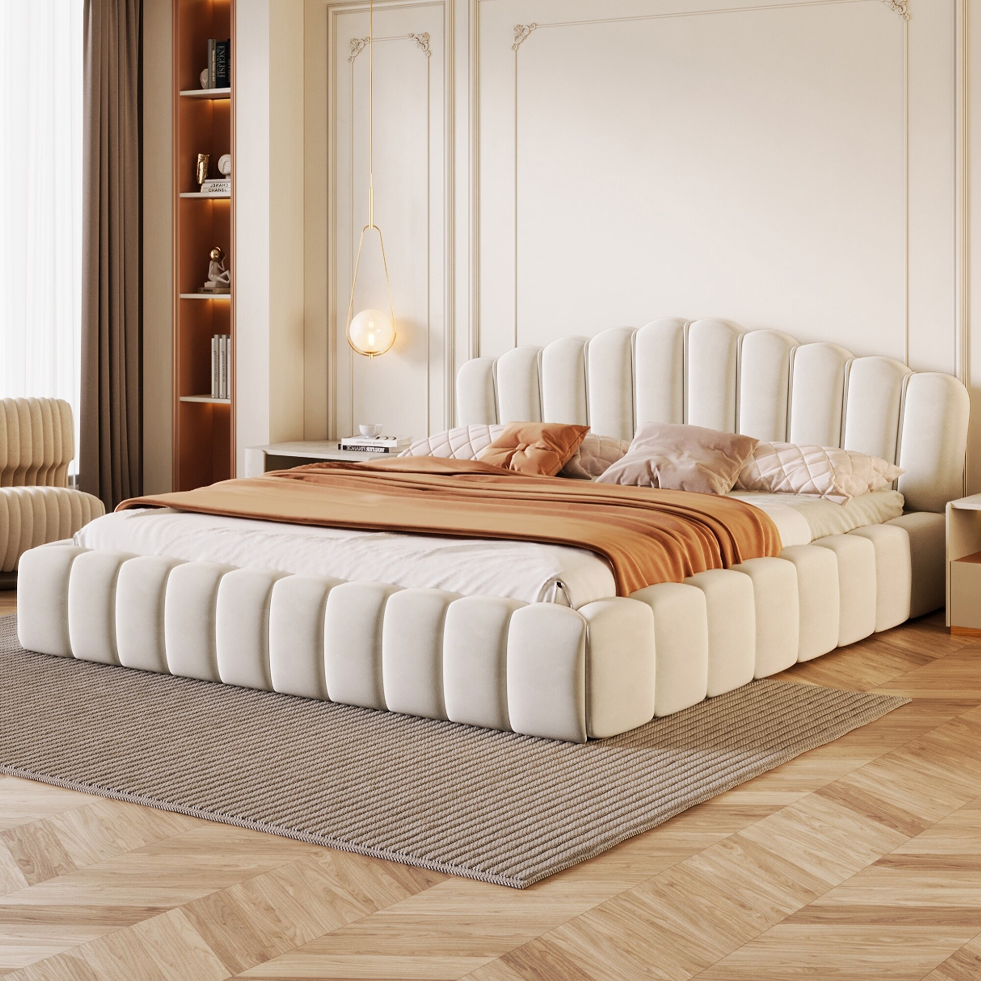 ベッドフレーム Double bed for sale-Excellent condition Cream-style Double Bed Velvet Upholstered Platform Bed Frame