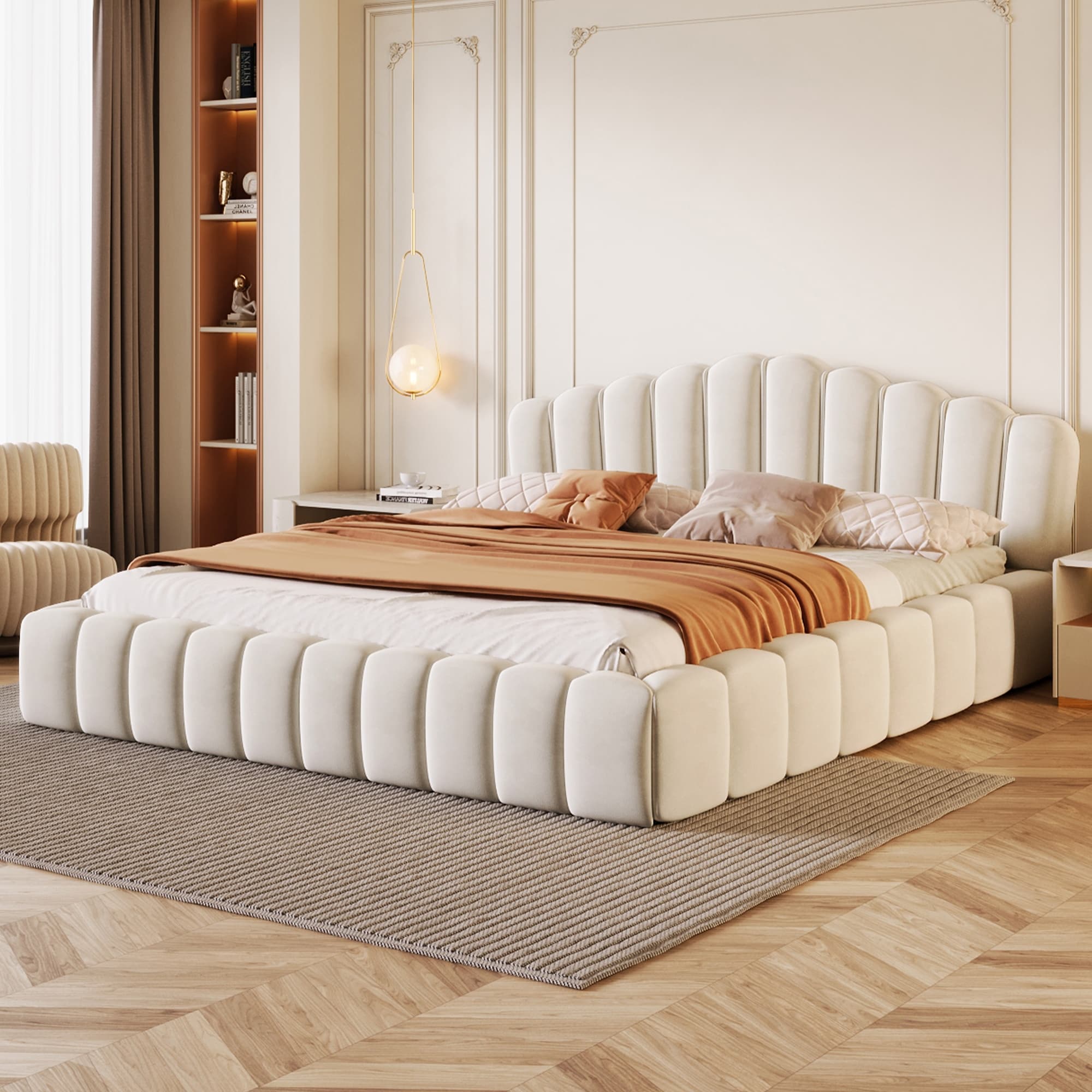 Roomfitters Velvet Queen Bed Frame with Shell Headboard