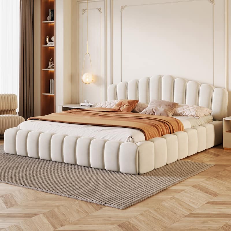 Upholstered Queen Size Platform Bed Frame with Shell-Shaped Headboard, Velvet Low Grounded Bed for Bedroom, No Box Spring Needed