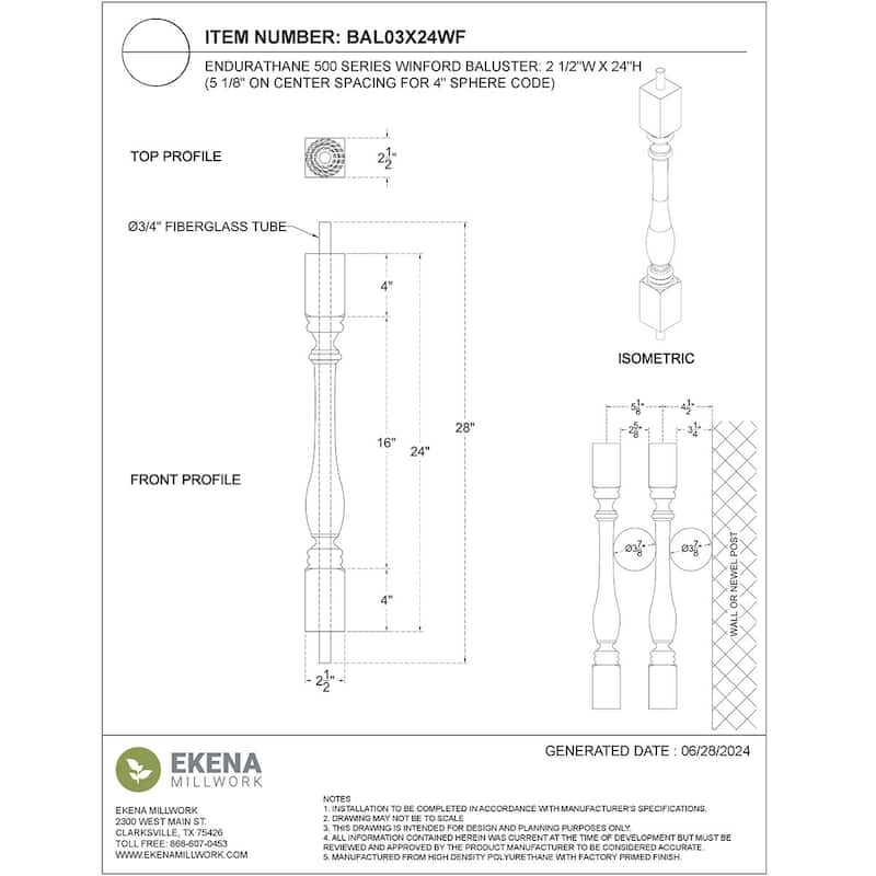 Endurathane 500 Series Winford Baluster, Factory Primed Polyurethane