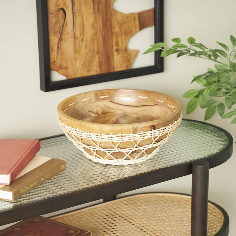 Mango Wood Handmade Decorative Bowl with Woven Rope Accents - Brown or Black - Roche River Decor