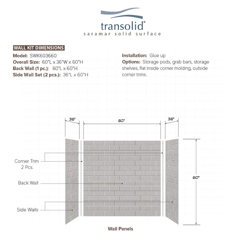 Transolid SaraMar 36-In X 60-In X 60-In Glue to Wall 3-Piece Tub Walls - 60" x 36" x 60" - 60" x 36" x 60"