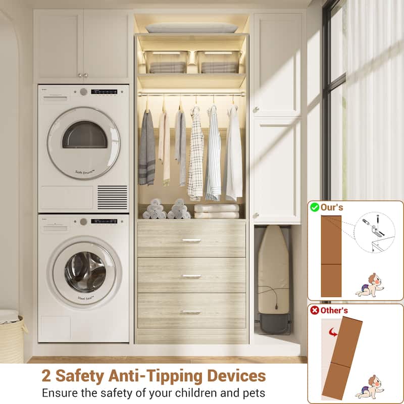 Kyrvo Freestanding Closet Sytem with 3 Wooden Drawers and Hanging Rod and Storage Shelf, Walk-in Closet Organizer Wardrobe