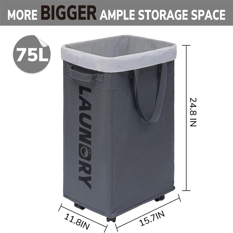 Laundry Basket with Wheels 2Pack 75L Rolling Laundry Hamper - 15.7"L x 11.8"W x 24.8"H
