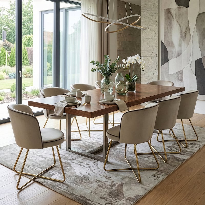 Set of 2 Anila Beige Velvet Dining Chair with Contrasting Piping