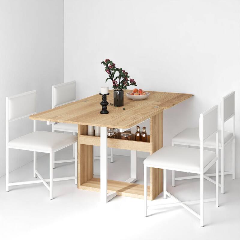 Space-Saving 63" Foldable Kitchen Dining Set with Storage Rack and 4 PU Leather Upholstered Chairs - White