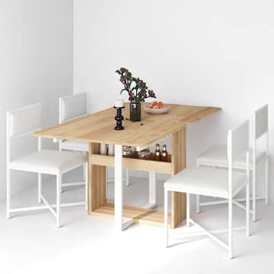 Space-Saving 63" Foldable Kitchen Dining Set with Storage Rack and 4 PU Leather Upholstered Chairs