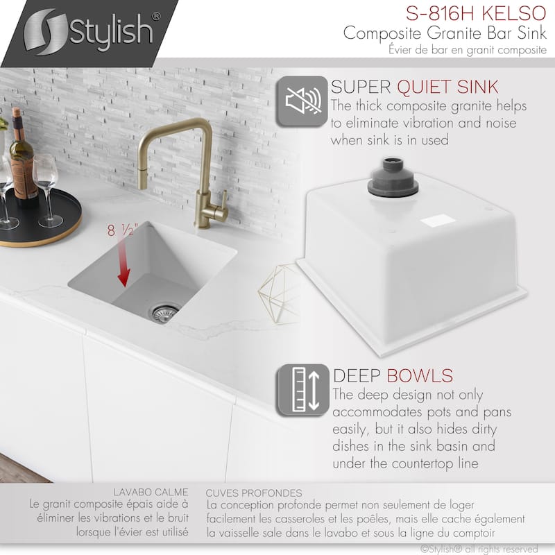 STYLISH 15.5 inches L x 17.5 inches W Dual Mount Single Bowl Composite Granite Kitchen Sink with Strainer - 15.5" x 17.5" x 8.5"