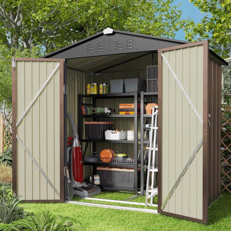6' x 4' Outdoor Rust- Resistant Metal Garden Ventilated Storage Shed, Backyard Metal Tool Storage with Lockable Double Doors