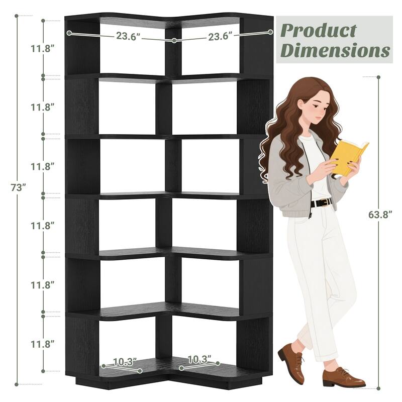 6-Tier Corner Bookcase, Freestanding Display Storage Book Shelf
