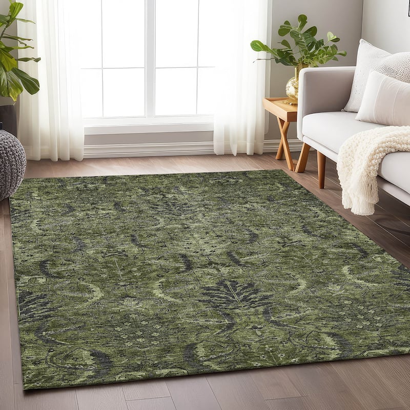 Machine Washable Indoor/ Outdoor Boho Traditional Chantille Rug - Olive - 10' x 14'