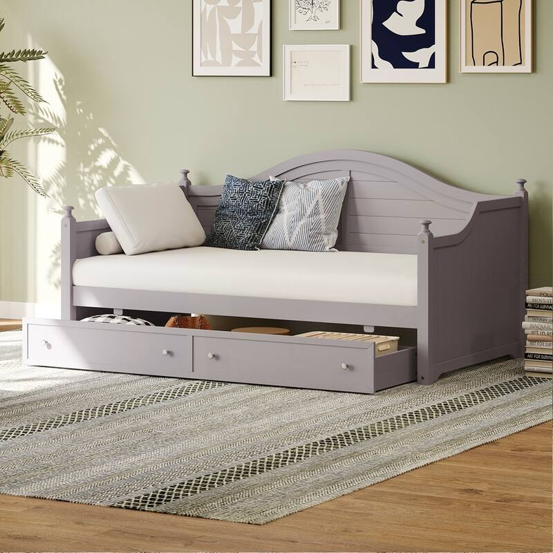 Wooden Sofa Bed with 2 Storage Drawers - Gray - Twin
