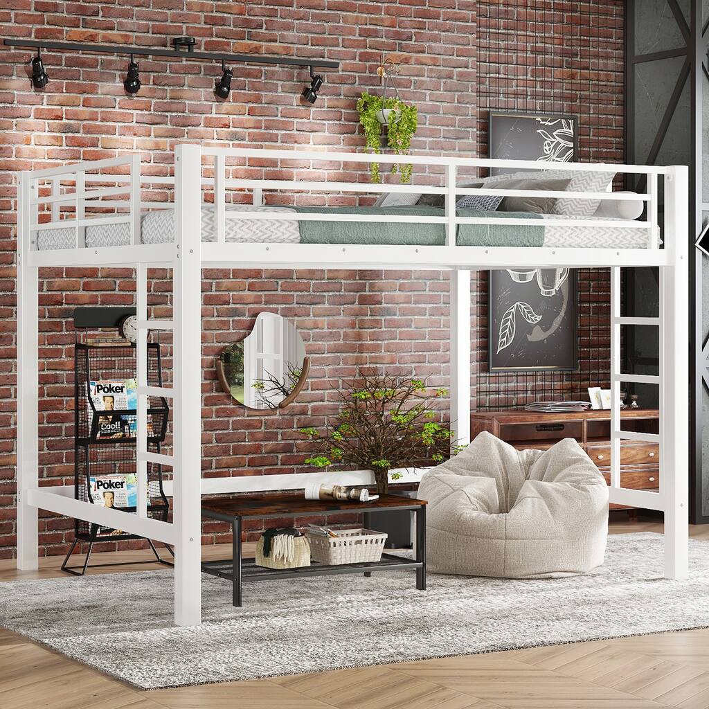 Queen Size Metal Loft Bed, Loft Bed with Easy Climbing Ladder and Guardrails, White