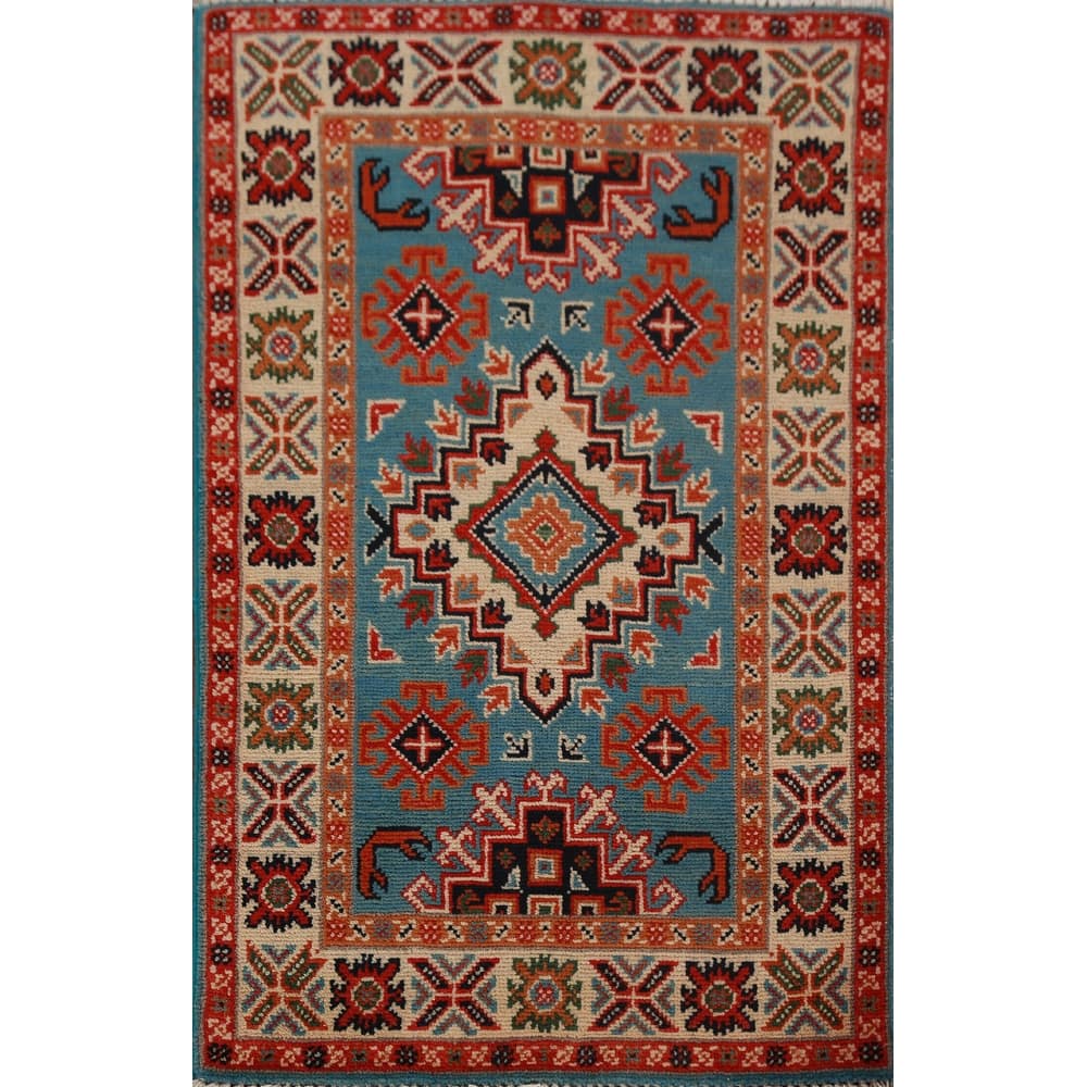 Blue Kazak Oriental Foyer Rug Hand-Knotted Wool Carpet - 2'0"x 3'0"