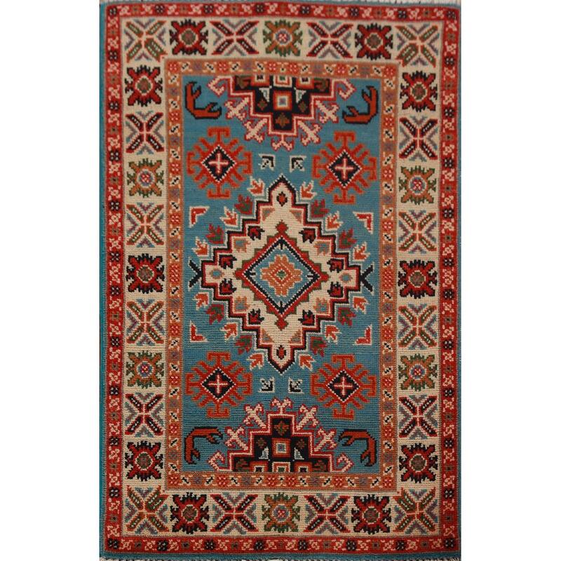 Blue Kazak Oriental Foyer Rug Hand-Knotted Wool Carpet - 2'0"x 3'0"