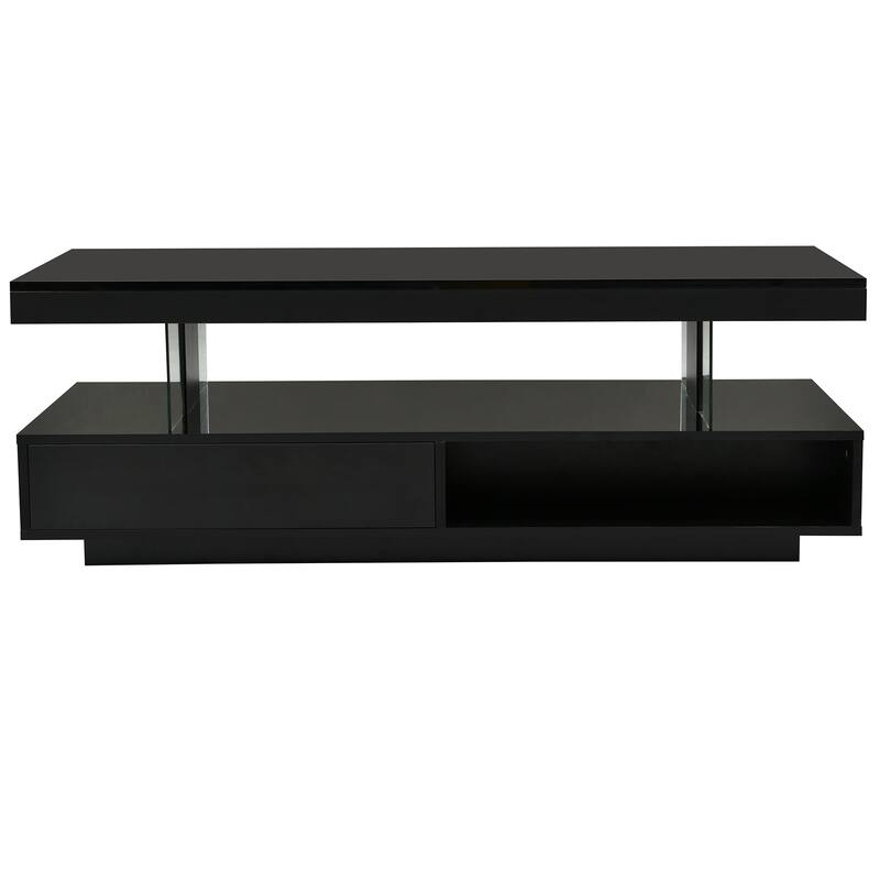 LED Coffee Table with Storage, Modern Center Table with 2 Drawers and Display Shelves