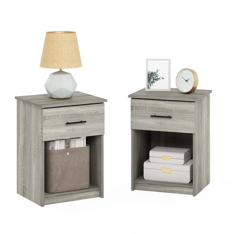 Modern Nightstand Set of 2 - Grey French Oak Drawer Bedside Table Organizer