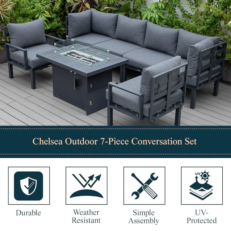 Outdoor 7-Piece Patio Sectional Set Aluminum Frame W/ Fire Pit Table