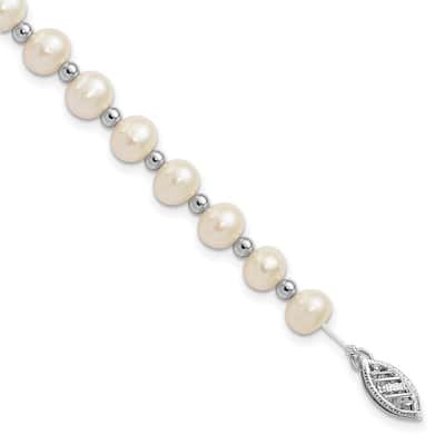 Curata 14k White Gold Pearl clasp Bead and 6 7mm White Freshwater Cultured Pearl Bracelet 7 Inch
