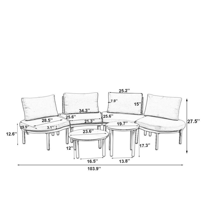 Stylish 6-Piece Half Moon Patio Sofa Set with High-Low Coffee Tables