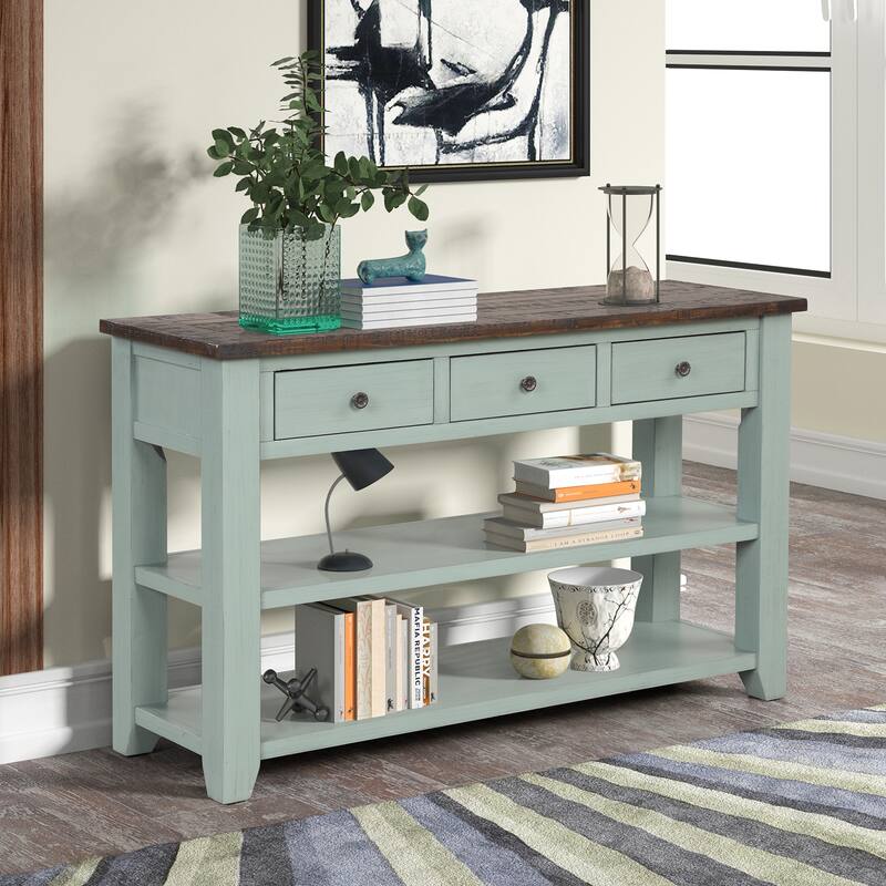 48" Solid Pine Wood Top Console Table, Modern Entryway Sofa Side Table, with 3 Storage Drawers and 2 Shelves