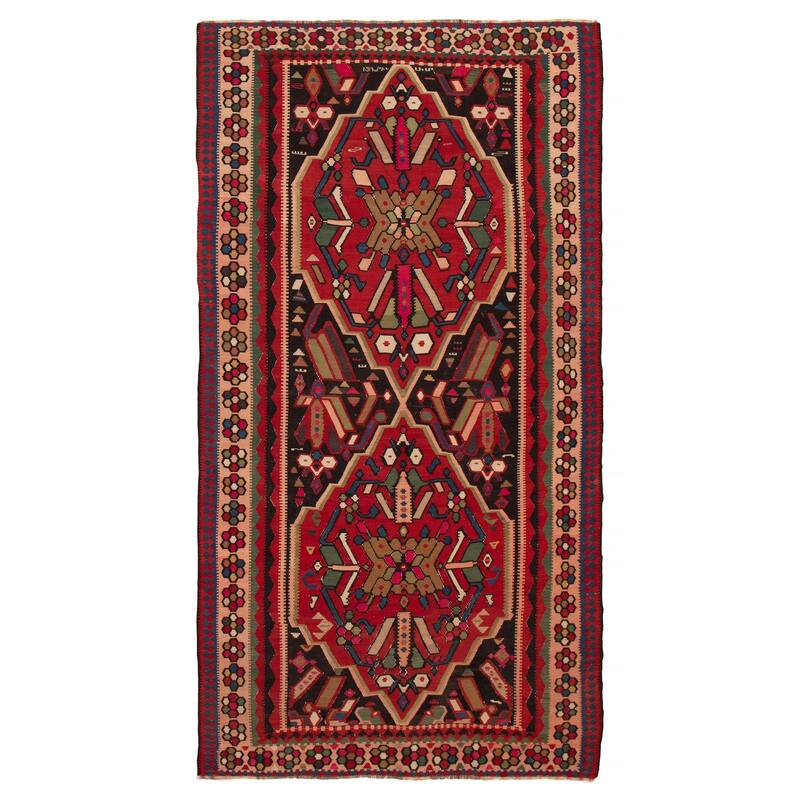 ECARPETGALLERY Flat-Weave Yoruk Black, Red Wool Kilim - 7'0 x 12'9