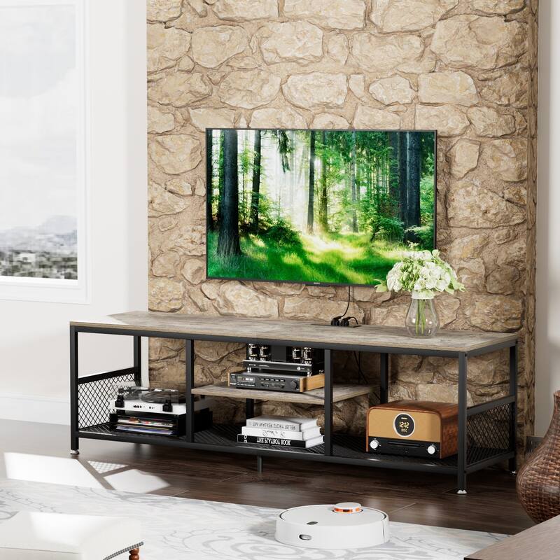 VECELO 55 Inch Grey TV Stand TV Media Console Table Entertainment Center with Power Outlets and Open Storage Shelves