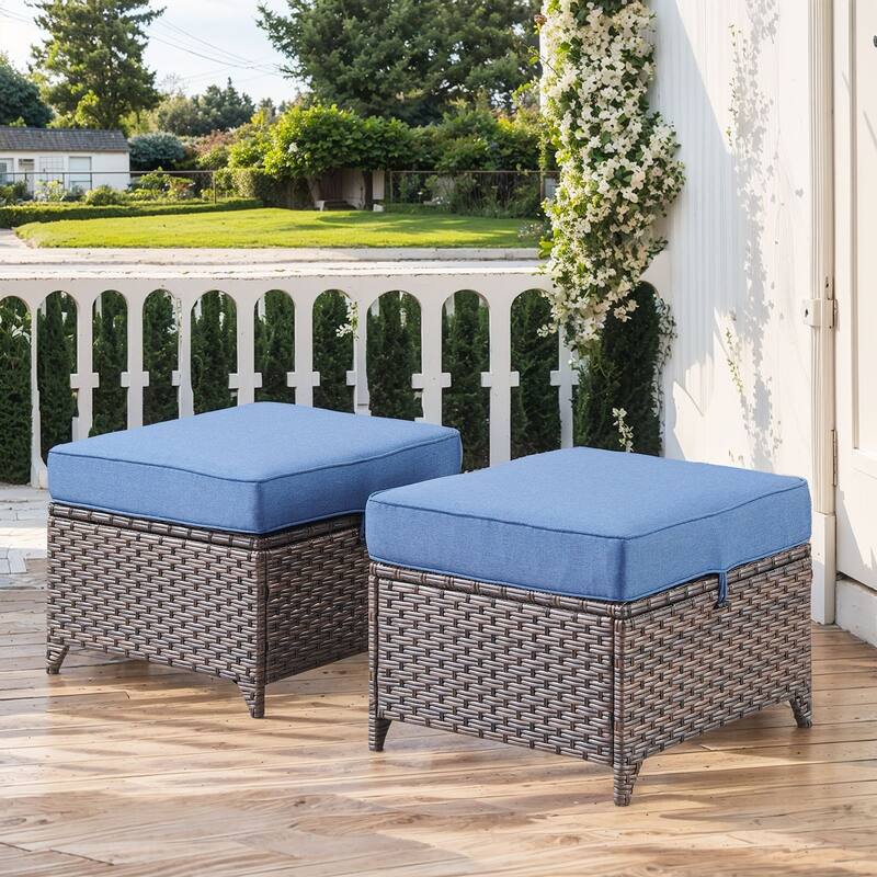 Outside Patio Sofa Chair Set with Cushions - Brwon Wicker Blue Cushion - 2PCS Patio Ottoman