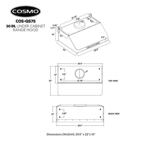 dimension image slide 0 of 2, Cosmo 30 in. Ducted Under Cabinet Range Hood with 500 CFM, 4 Speeds