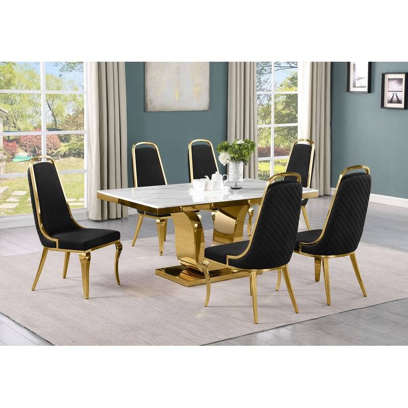 Best Quality Furniture D320-SC314-7 Dining Set with 66" White Marble Top - 7-Piece - Black / Gold