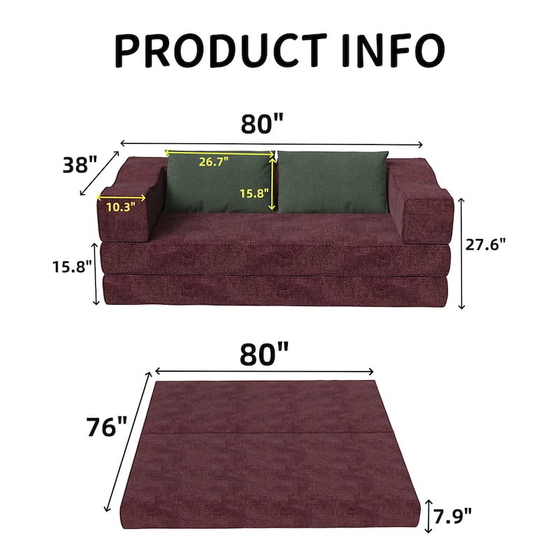 80" Convertible Sofa Bed with 2 Pillows, 2-Seat Folding Floor Couch, Multifunctional Chenille Loveseat Living Room Sleeper Sofa