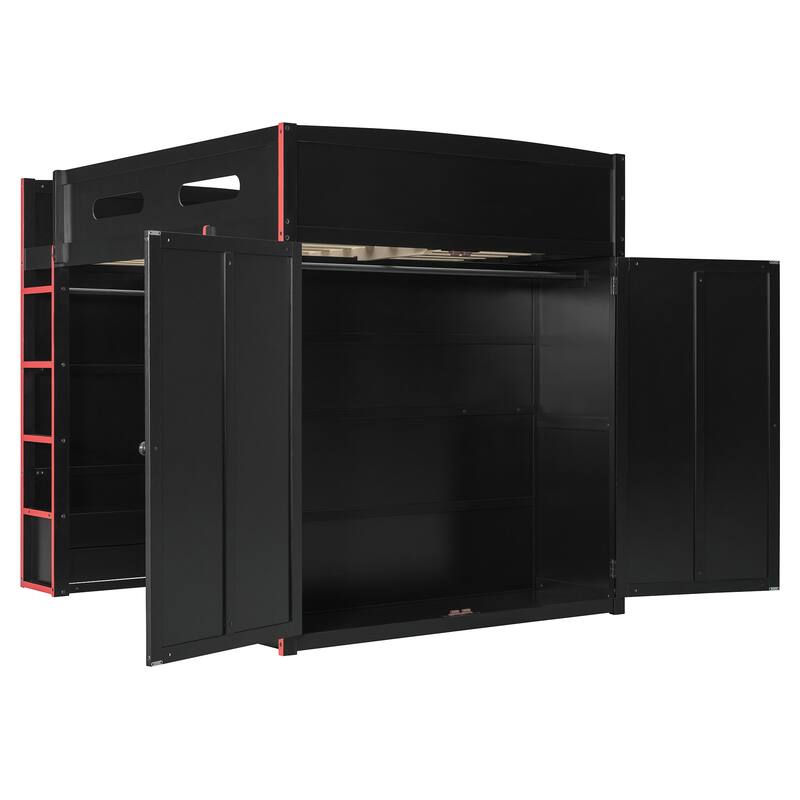 Roomfitters Full Size Loft Bed with Desk, Wardrobe, Storage and RGB Lighting