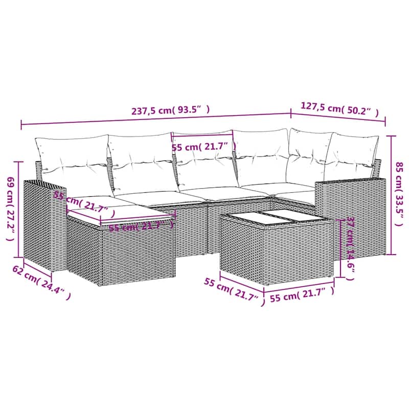 vidaXL Patio Sofa Set with Cushions Outdoor Conversation Furniture Poly Rattan - 25.8" x 24.4" x 27.2"
