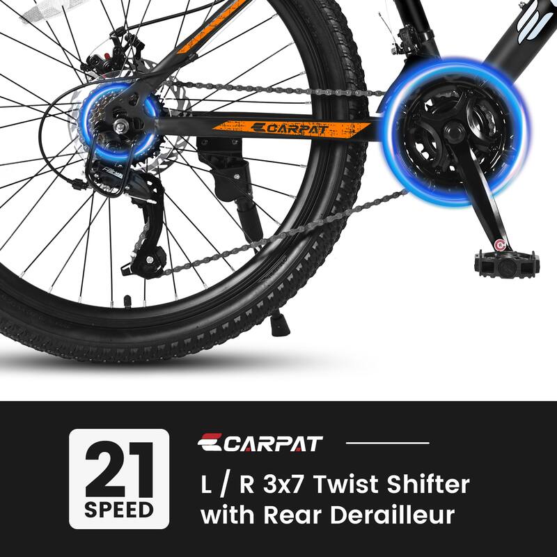 26 Inch Mountain Bike with Steel Suspension Frame 21 Speed Drivetrain, Disc Brakes for Trail and Urban Riding