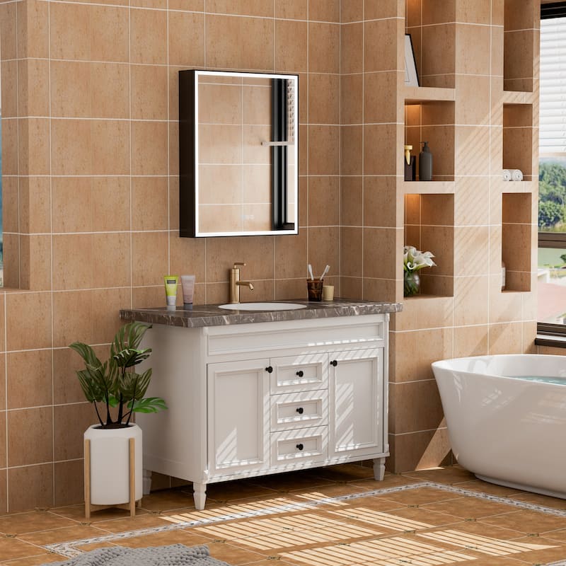 30'' H Recessed Or Surface Wall Mounted LED Mirror Cabinet With Mirror And Adjustable Shelves,Black Frame