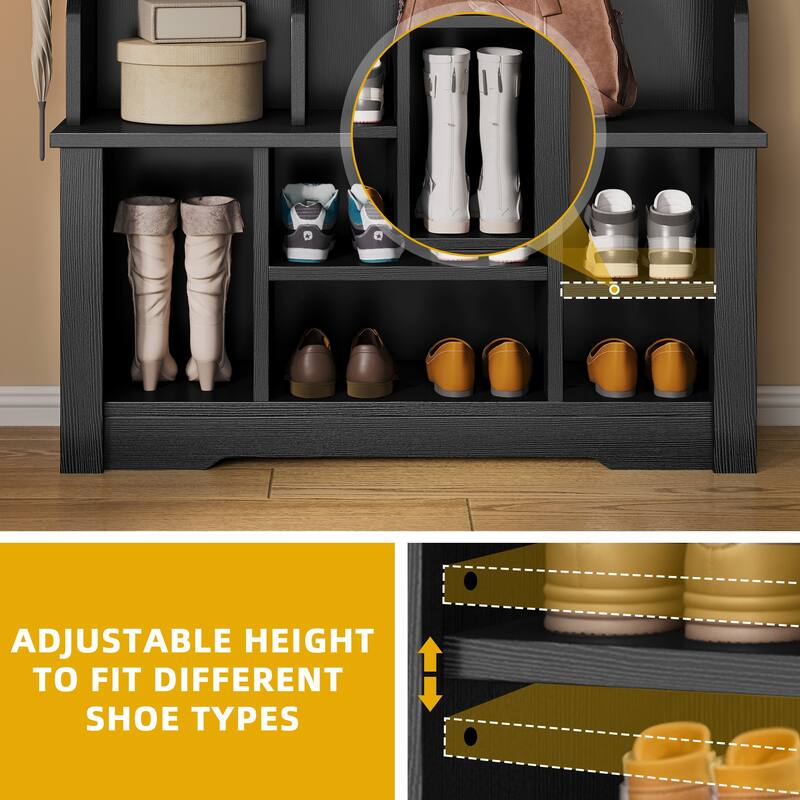 Moasis Farmhouse Hall Tree with Bench and Shoe Storage with 10 Hooks for Entryway