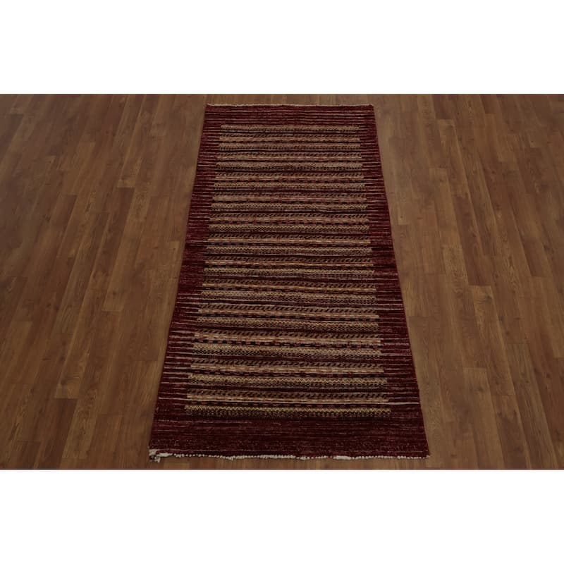 Hand Knotted Oriental 100% Wool Carpet Modern Stripe Red Gabbeh Area Rug - 5' 9'' X 2' 10''