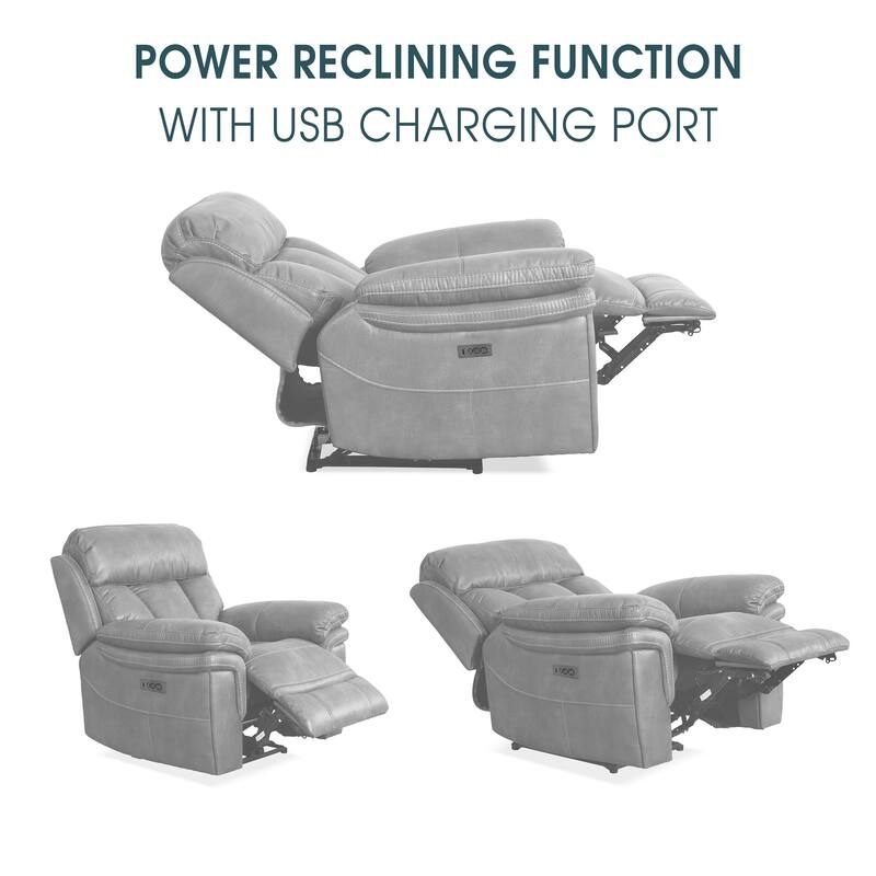 Armen Living Claude Light Grey Leather Power Recliner with USB