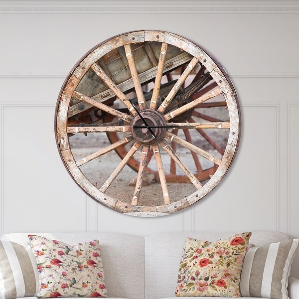 slide 2 of 10, Designart 'Spanish Wooden Country Carriage Wheel' Oversized Farmhouse Wall CLock 36 in. wide x 36 in. high
