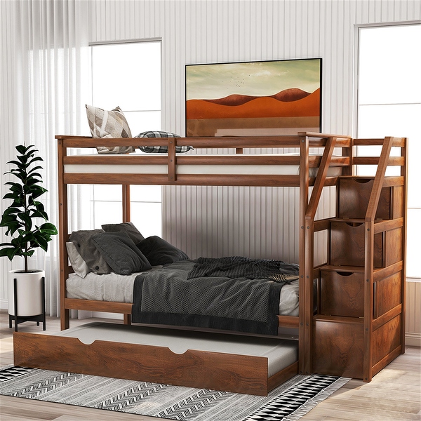 Twin Over Twin Trundle Bunk Bed with 3 Storage Drwers Walnut