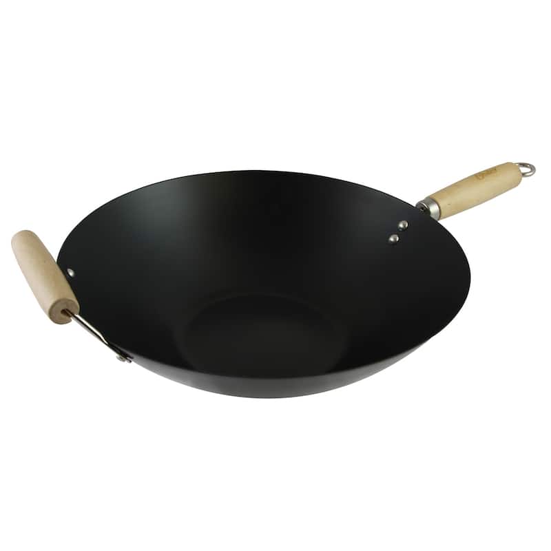Cormac 13.7 Inch Traditional Flat Bottom Carbon Steel Wok Wooden Handles