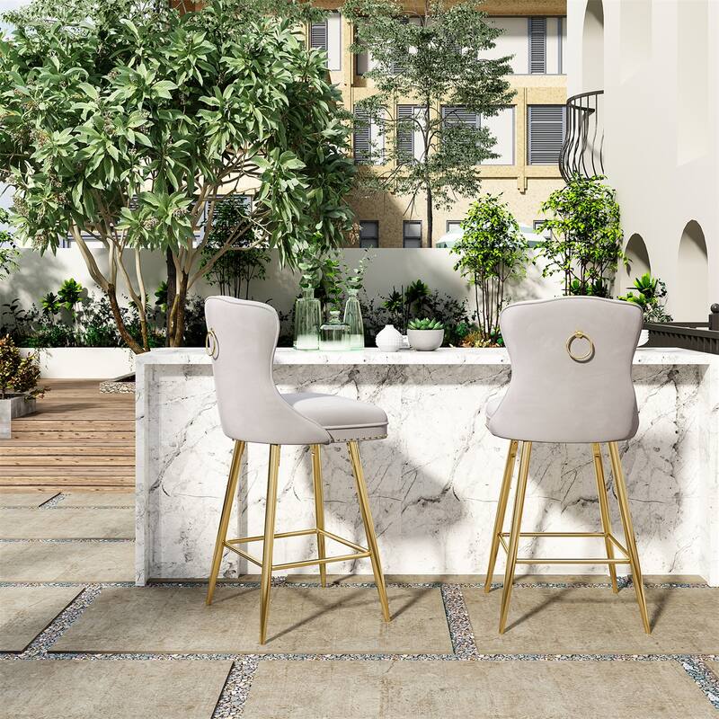 Velvet Bar Stools with Metal Legs, Button Tufted and Nailheads Trim (Set of 2)