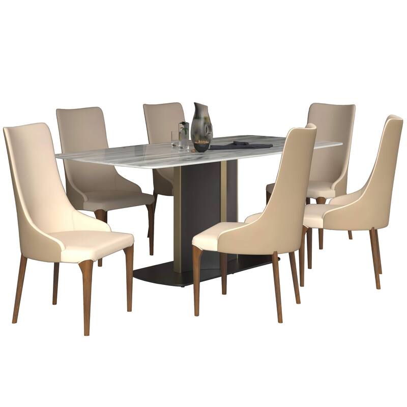 7-Piece Dining Set with 55-Inch Sintered Stone Dining Table and 6 Velvet/Leather Accent Side Chairs - Taupe Leather