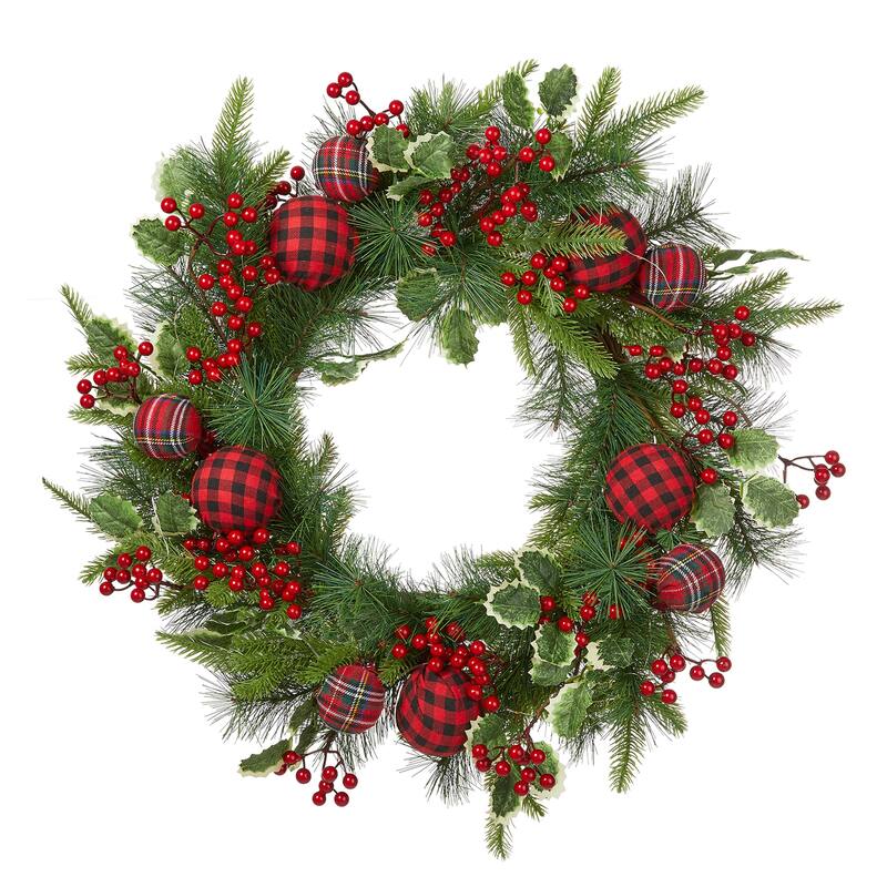 Glitzhome 24"D Ornament Berry Holly Pine Wreath With Lights and Timer Christmas Wall Decor