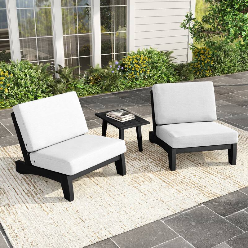 3 Piece Teak Wood Outdoor Conversation Chair Set with Table, Cushion - Dark Wood - Beige